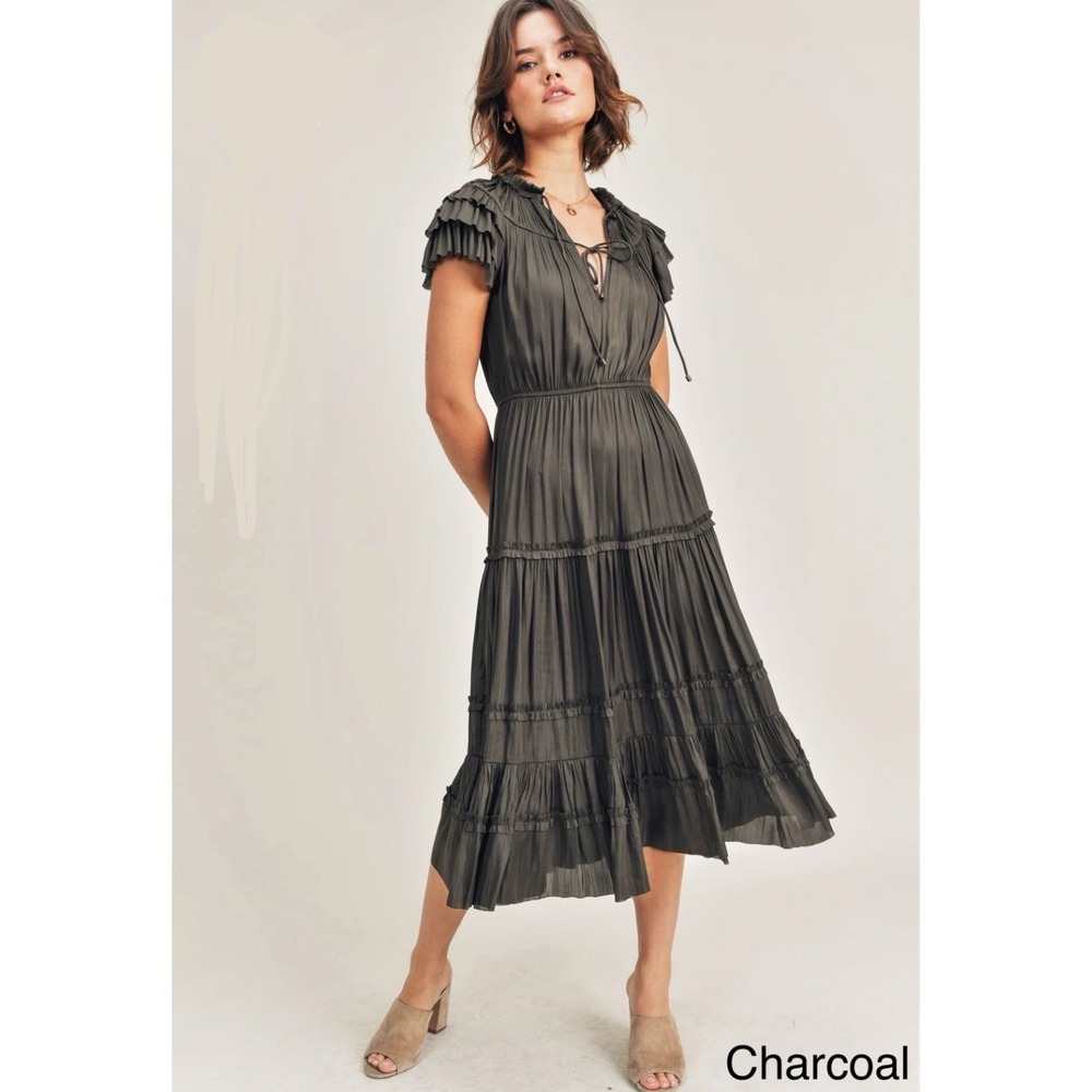 Reset By Jane Dress Medium Gray Romantic Ruffle Tiered Cocktail Party Holiday